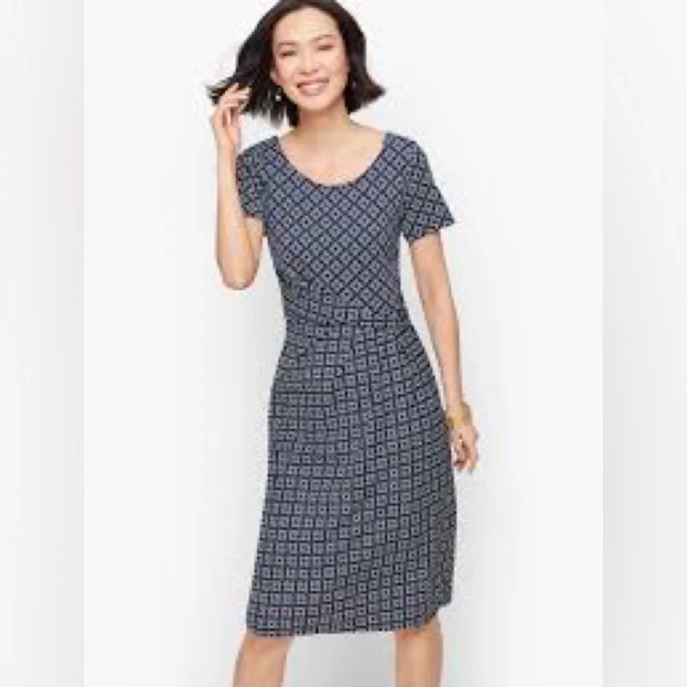 Talbots Navy Blue White Knit Jersey Draped Sheath Dress Size Petite Small - Picture 1 of 9